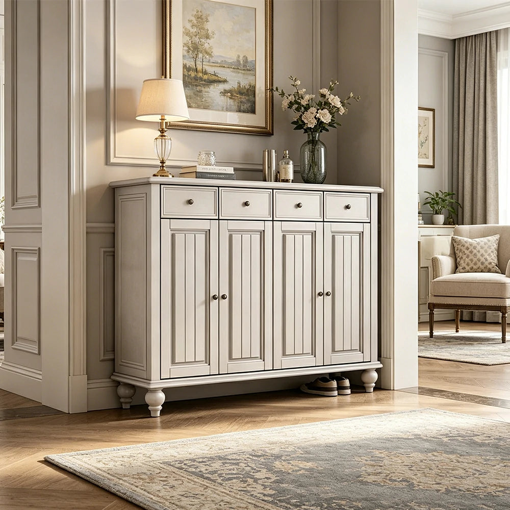 Solid Ash Wood Shoe Cabinet - 140cm 4 Door Entryway Storage Cabinet with Drawers for Hallway - White