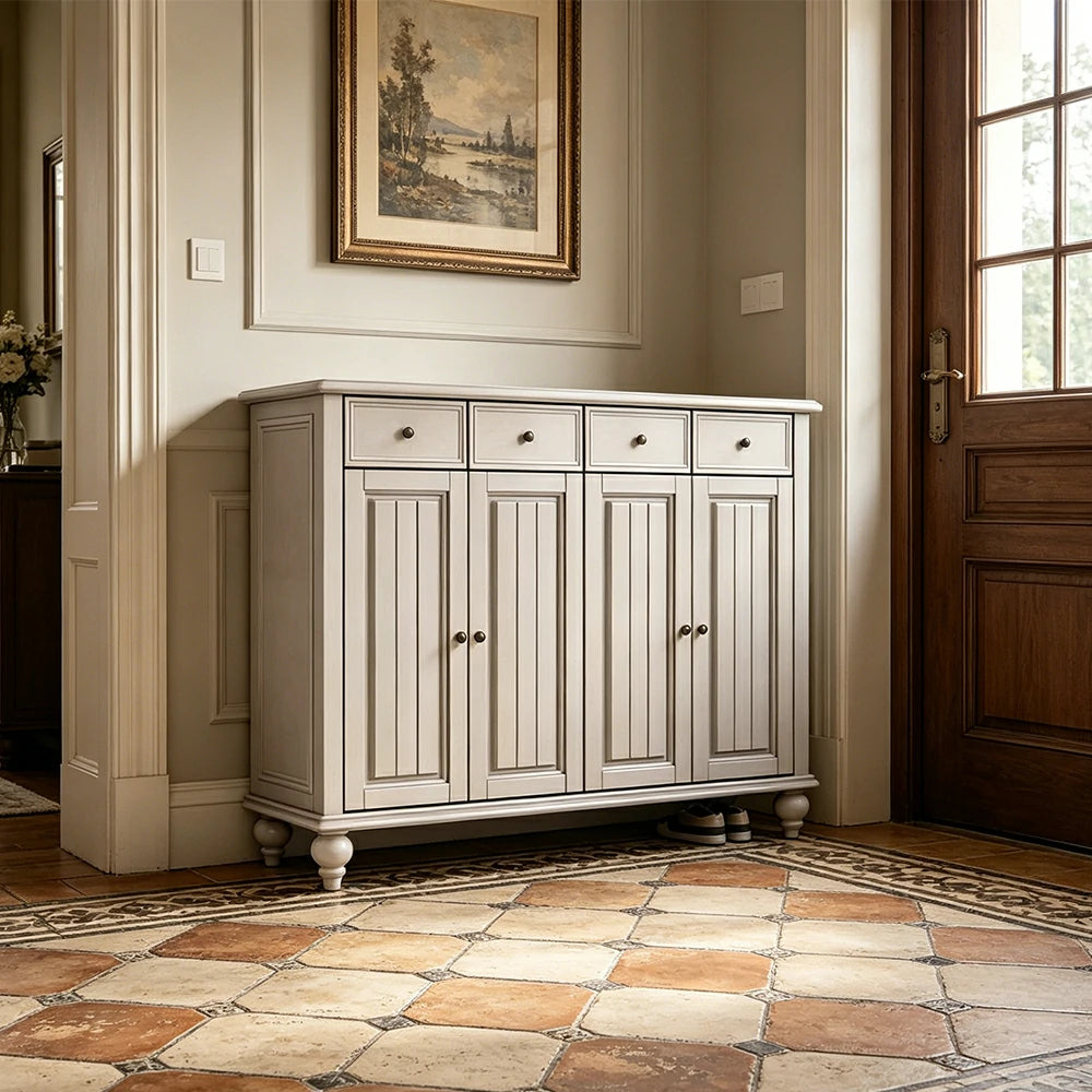 Solid Ash Wood Shoe Cabinet - 140cm 4 Door Entryway Storage Cabinet with Drawers for Hallway - White