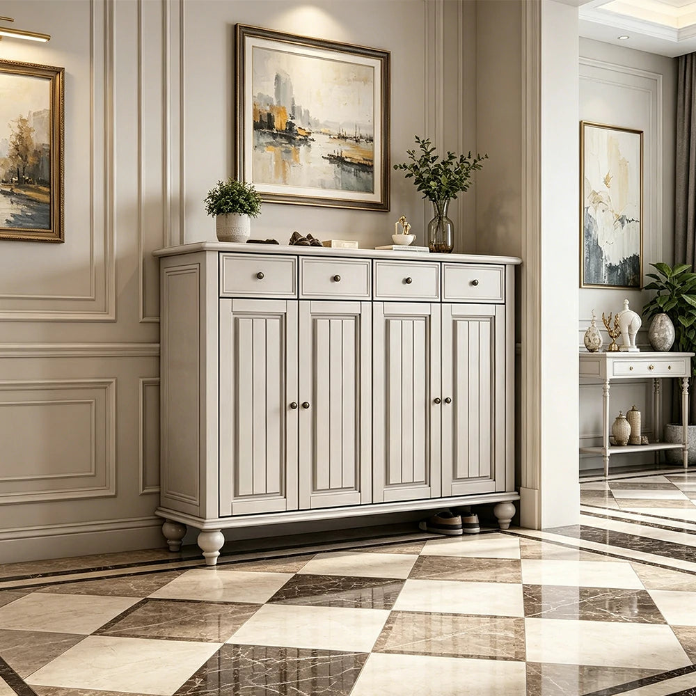 Solid Ash Wood Shoe Cabinet - 140cm 4 Door Entryway Storage Cabinet with Drawers for Hallway - White