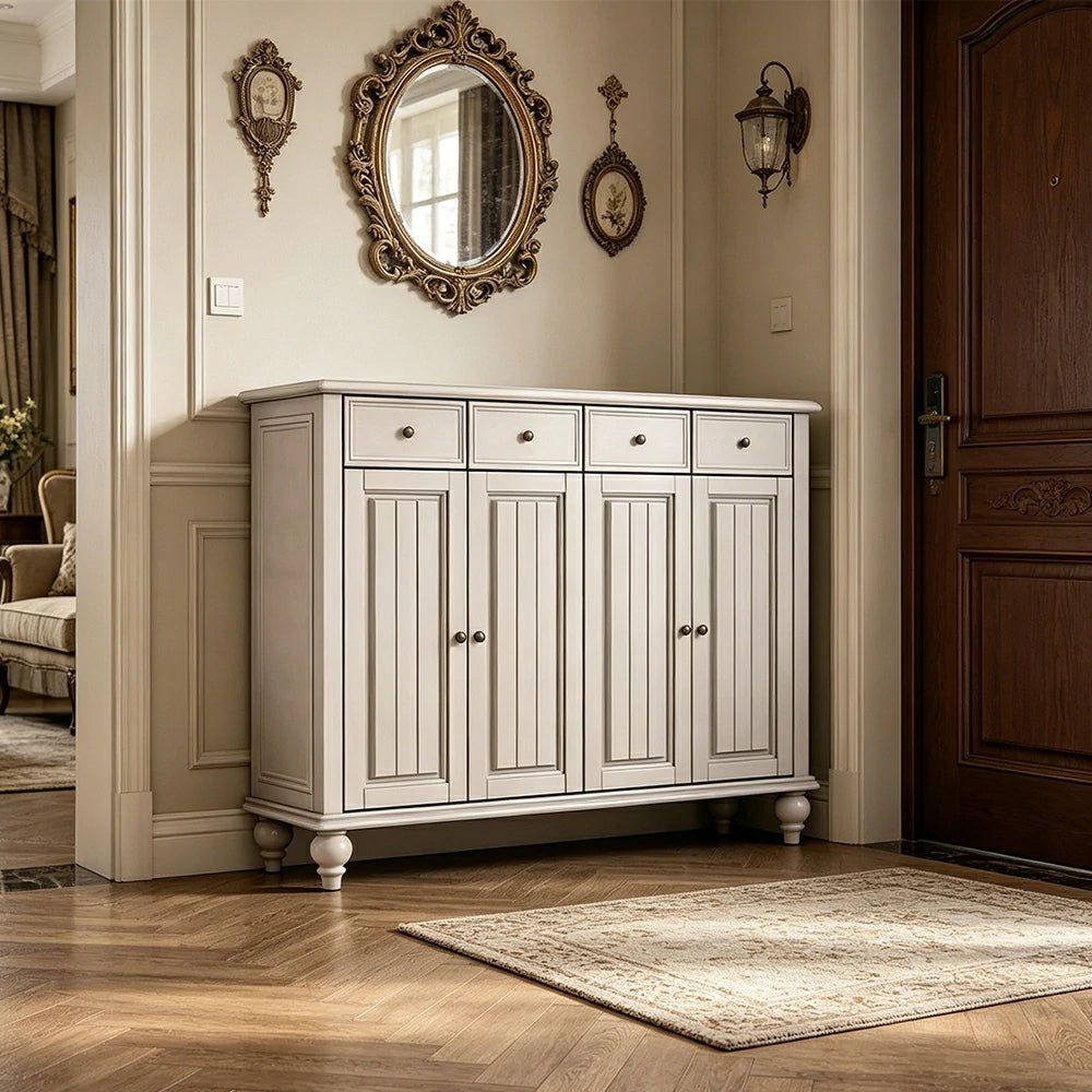 Solid Ash Wood Shoe Cabinet - 140cm 4 Door Entryway Storage Cabinet with Drawers for Hallway - White