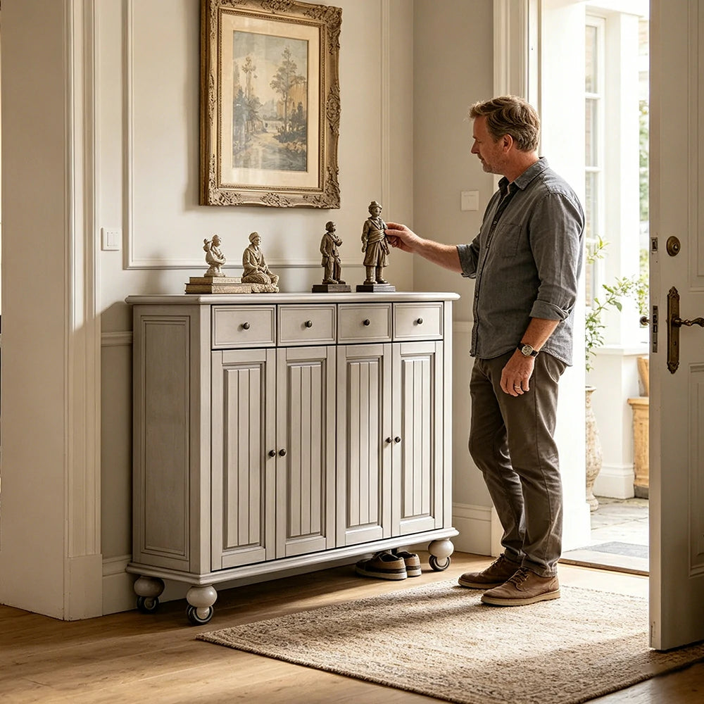 Solid Ash Wood Shoe Cabinet - 140cm 4 Door Entryway Storage Cabinet with Drawers for Hallway - White