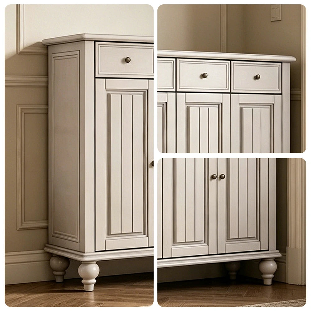 Solid Ash Wood Shoe Cabinet - 140cm 4 Door Entryway Storage Cabinet with Drawers for Hallway - White