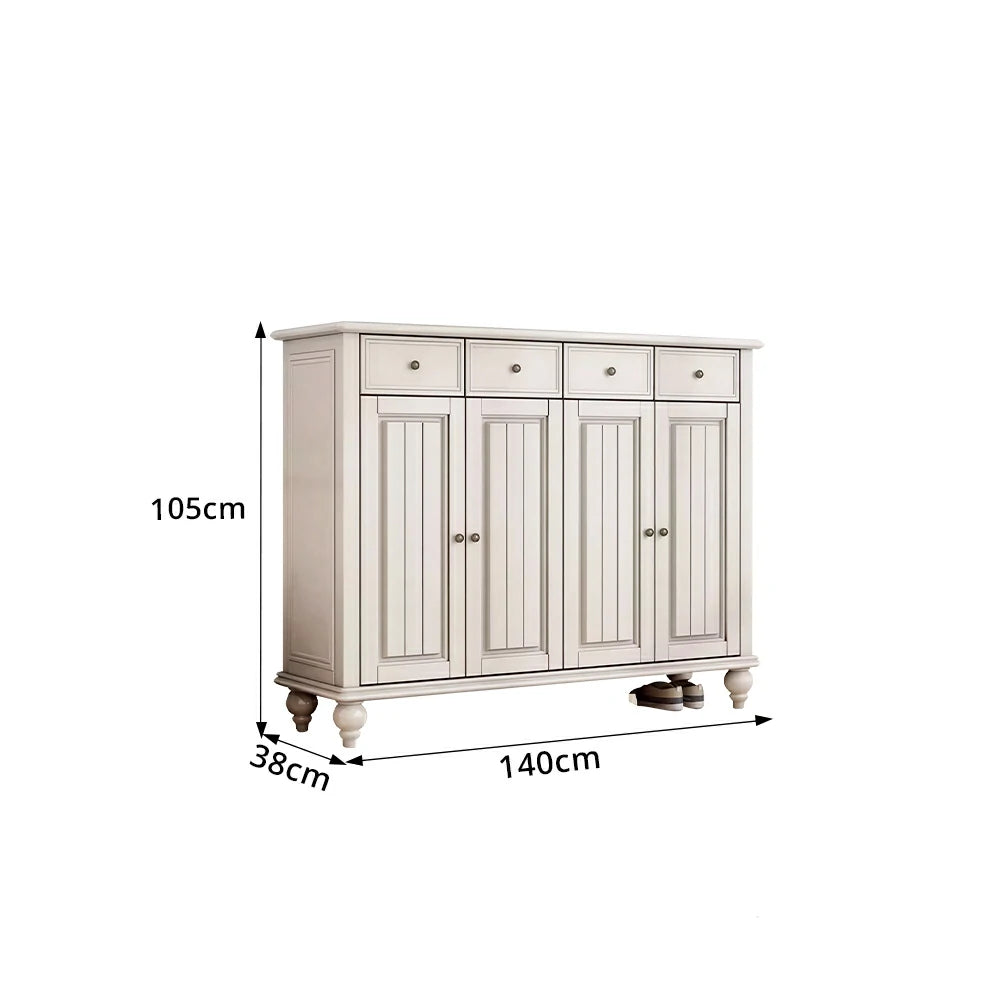 Solid Ash Wood Shoe Cabinet - 140cm 4 Door Entryway Storage Cabinet with Drawers for Hallway - White