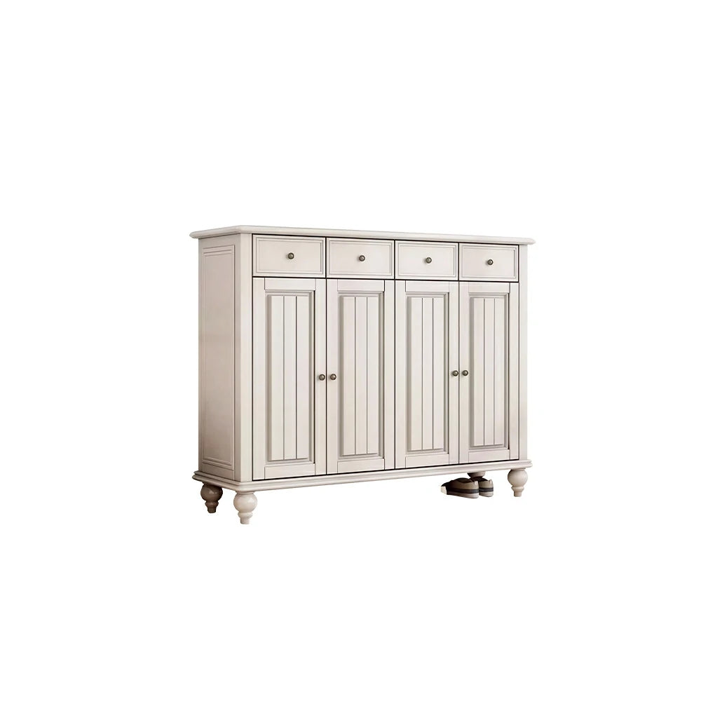 Solid Ash Wood Shoe Cabinet - 140cm 4 Door Entryway Storage Cabinet with Drawers for Hallway - White