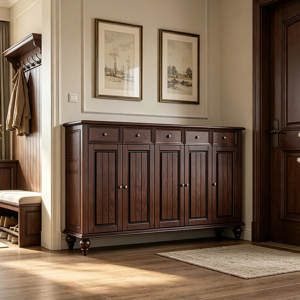 LUXORA Solid Ash Wood Shoe Cabinet - 180cm 5 Door Entryway Storage Cabinet with Drawers for Hallway - Walnut