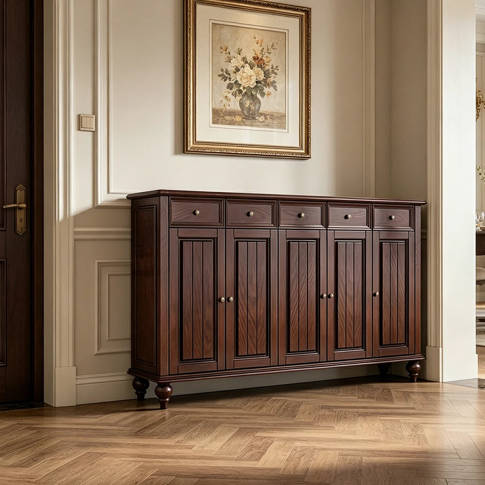 LUXORA Solid Ash Wood Shoe Cabinet - 180cm 5 Door Entryway Storage Cabinet with Drawers for Hallway - Walnut