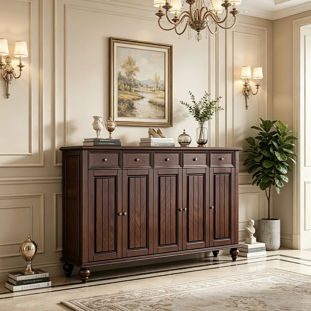 LUXORA Solid Ash Wood Shoe Cabinet - 180cm 5 Door Entryway Storage Cabinet with Drawers for Hallway - Walnut
