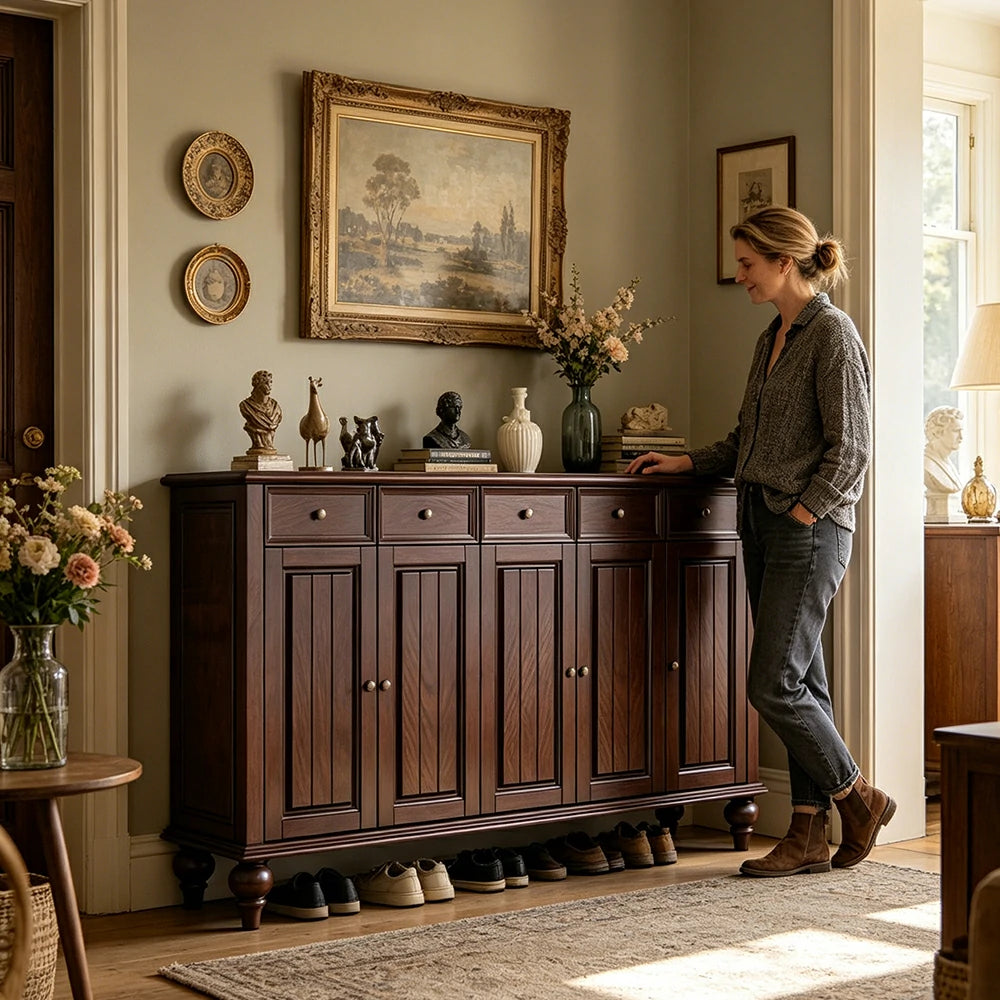 LUXORA Solid Ash Wood Shoe Cabinet - 180cm 5 Door Entryway Storage Cabinet with Drawers for Hallway - Walnut