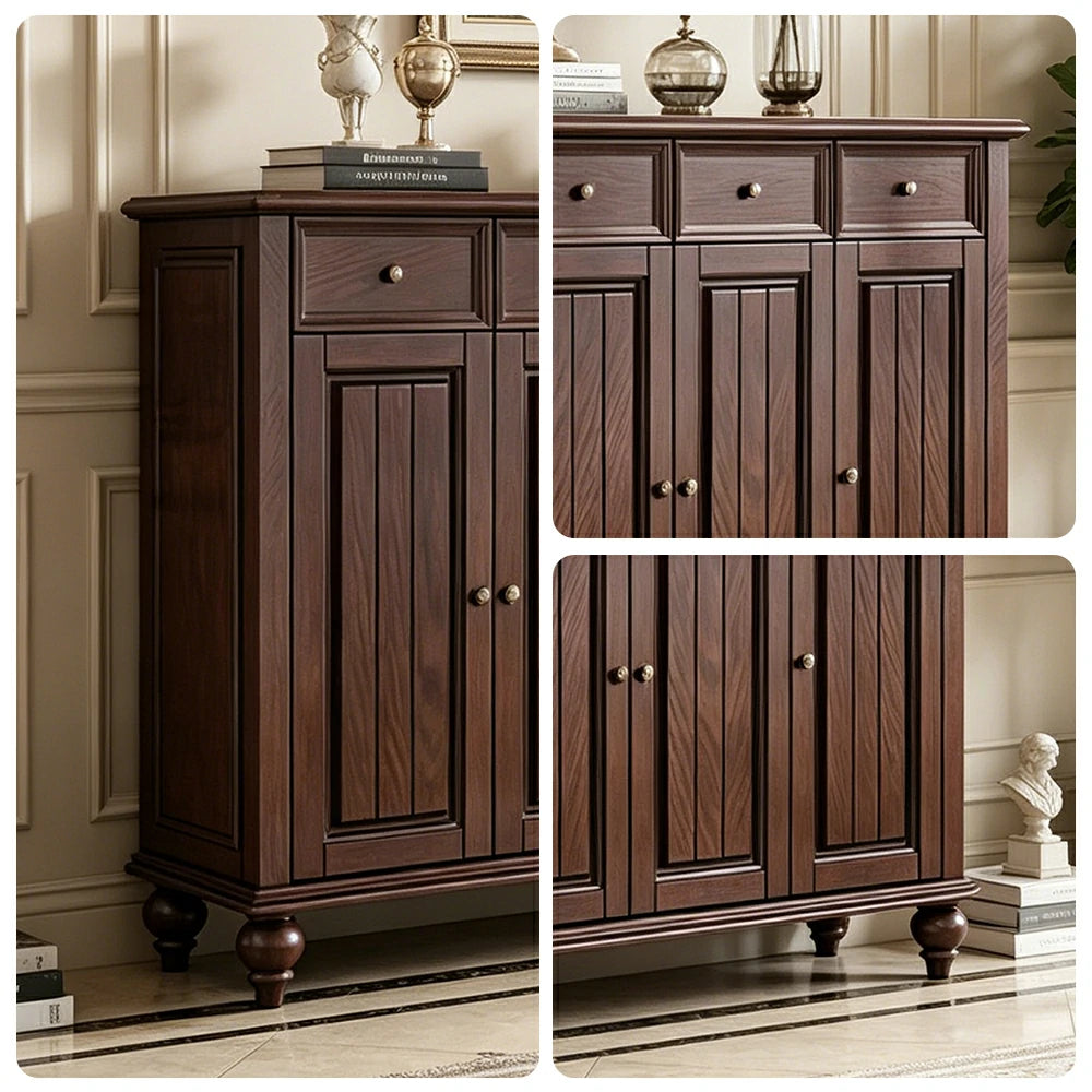 LUXORA Solid Ash Wood Shoe Cabinet - 180cm 5 Door Entryway Storage Cabinet with Drawers for Hallway - Walnut