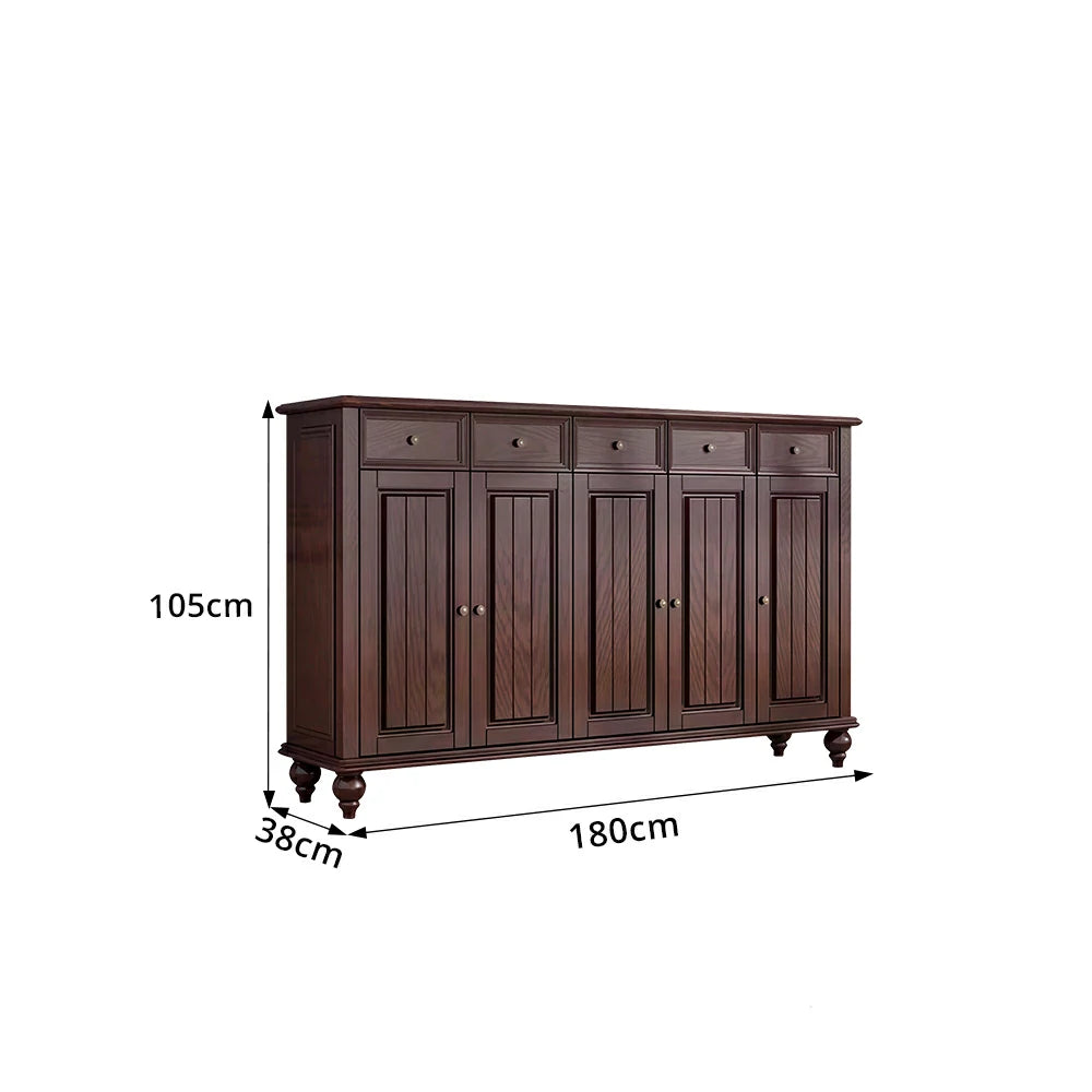 LUXORA Solid Ash Wood Shoe Cabinet - 180cm 5 Door Entryway Storage Cabinet with Drawers for Hallway - Walnut