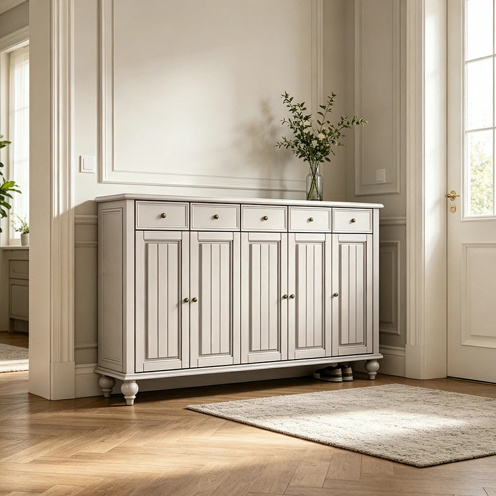 LUXORA Solid Ash Wood Shoe Cabinet - 180cm 5 Door Entryway Storage Cabinet with Drawers for Hallway - White