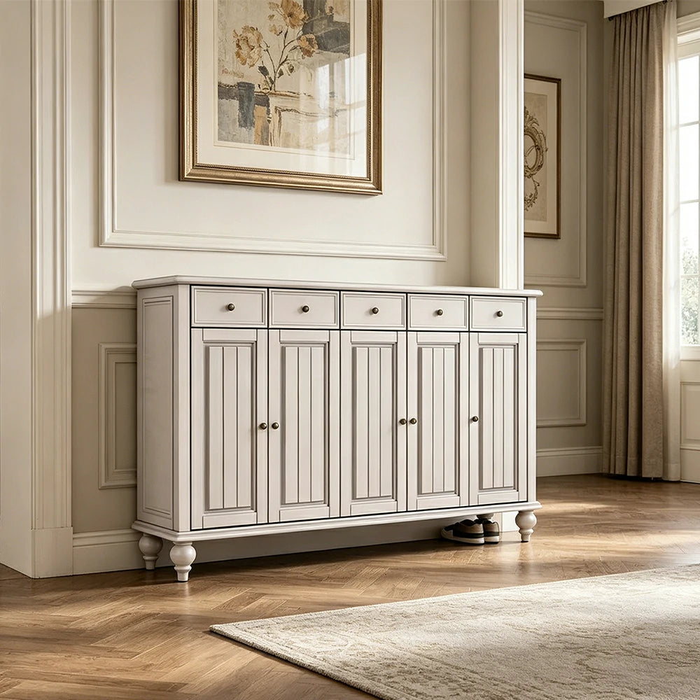 LUXORA Solid Ash Wood Shoe Cabinet - 180cm 5 Door Entryway Storage Cabinet with Drawers for Hallway - White