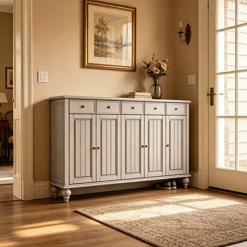 LUXORA Solid Ash Wood Shoe Cabinet - 180cm 5 Door Entryway Storage Cabinet with Drawers for Hallway - White