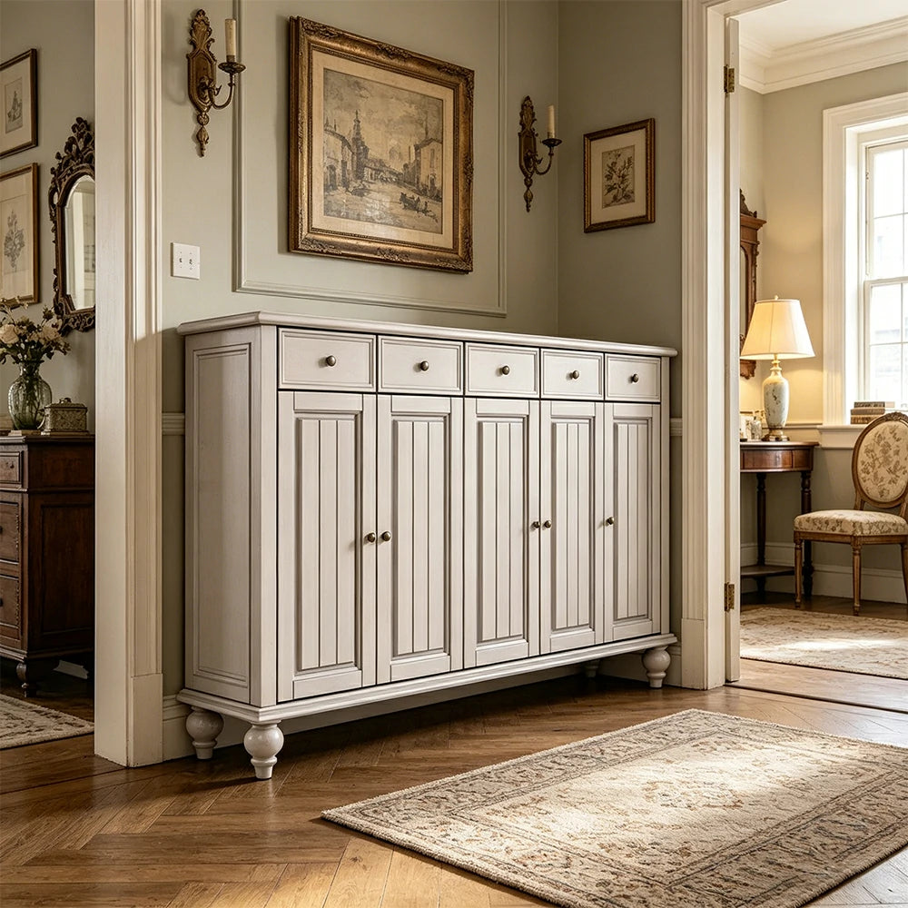 LUXORA Solid Ash Wood Shoe Cabinet - 180cm 5 Door Entryway Storage Cabinet with Drawers for Hallway - White