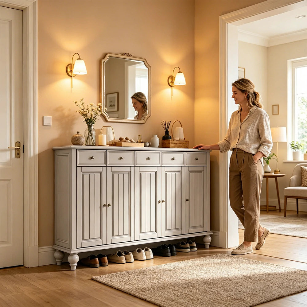 LUXORA Solid Ash Wood Shoe Cabinet - 180cm 5 Door Entryway Storage Cabinet with Drawers for Hallway - White