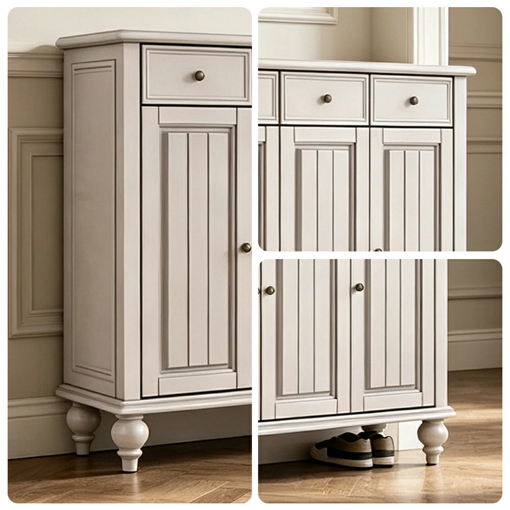 LUXORA Solid Ash Wood Shoe Cabinet - 180cm 5 Door Entryway Storage Cabinet with Drawers for Hallway - White