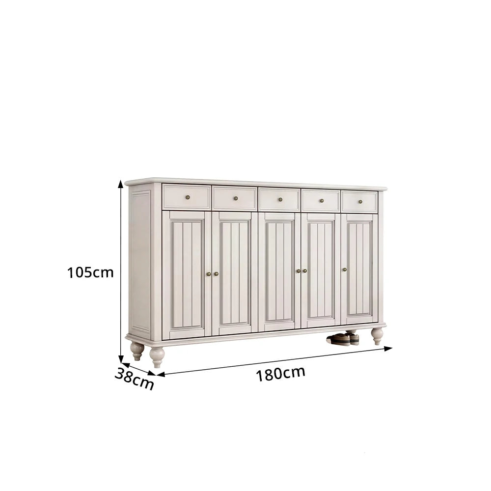LUXORA Solid Ash Wood Shoe Cabinet - 180cm 5 Door Entryway Storage Cabinet with Drawers for Hallway - White
