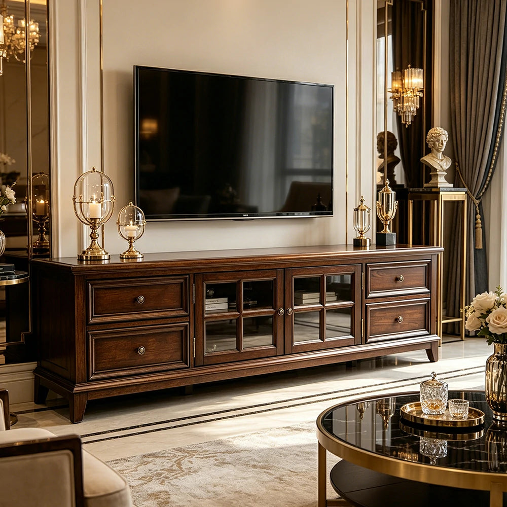 LUXORA 160/180/200cm Solid Wood TV Cabinet with Storage American Style Entertainment Unit Living Room - Walnut