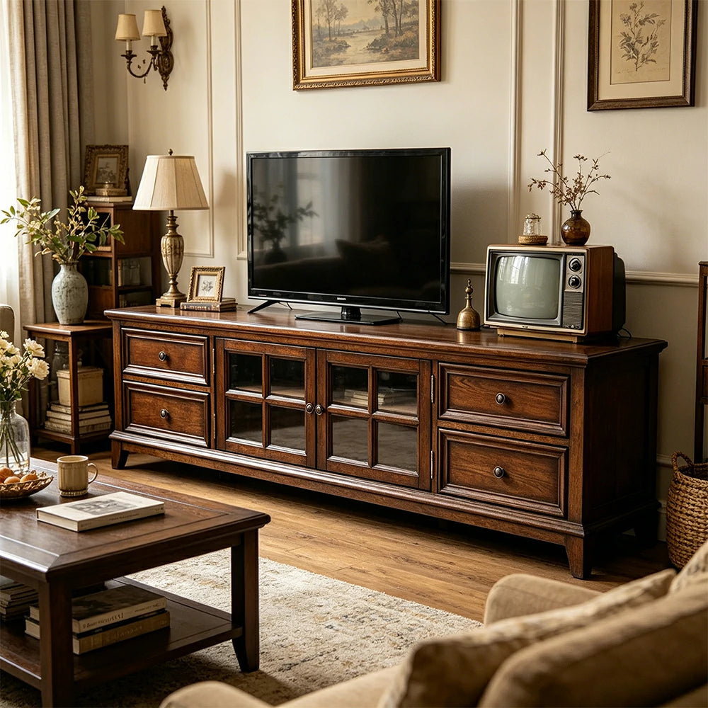 LUXORA 160/180/200cm Solid Wood TV Cabinet with Storage American Style Entertainment Unit Living Room - Walnut