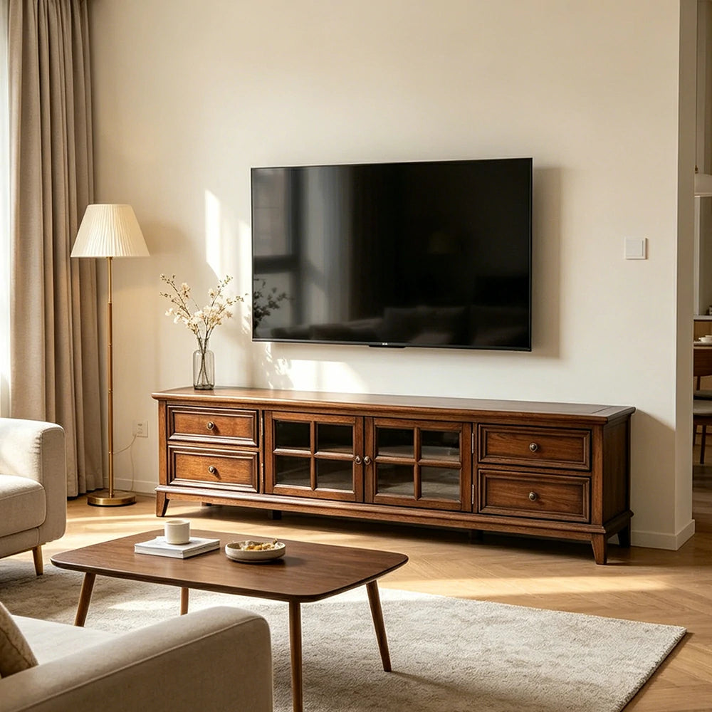 LUXORA 160/180/200cm Solid Wood TV Cabinet with Storage American Style Entertainment Unit Living Room - Walnut