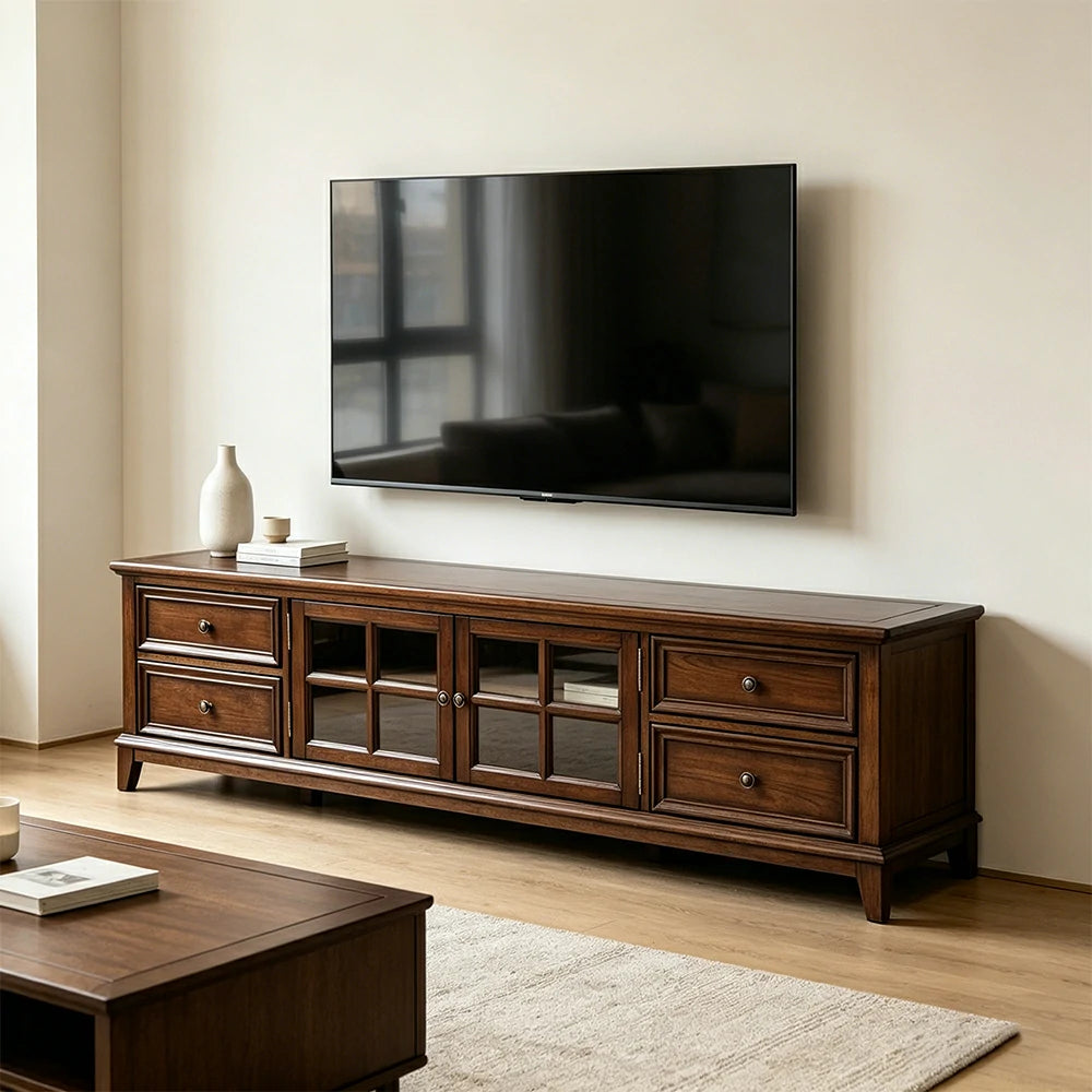 LUXORA 160/180/200cm Solid Wood TV Cabinet with Storage American Style Entertainment Unit Living Room - Walnut