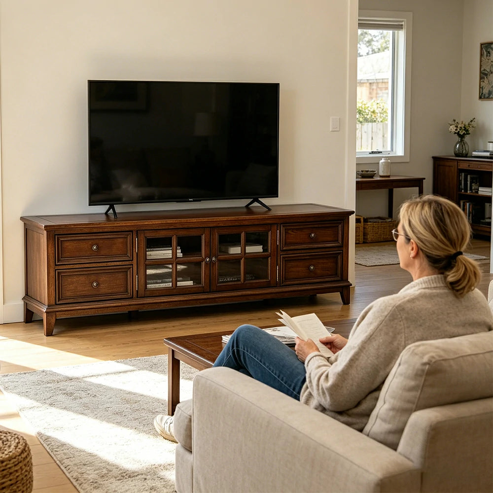 LUXORA 160/180/200cm Solid Wood TV Cabinet with Storage American Style Entertainment Unit Living Room - Walnut