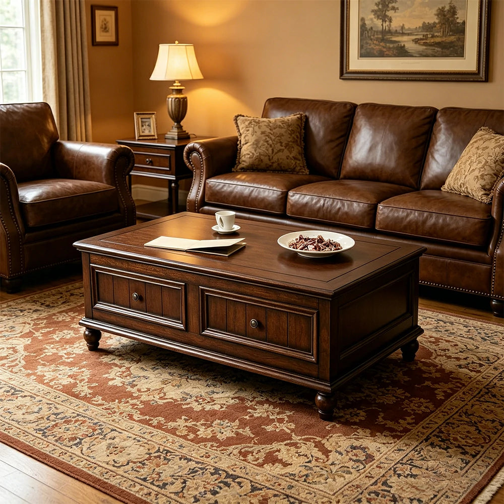 LUXORA 120/130/140cm Solid Wood Coffee Table with Drawers American Style Living Room Center Table - Walnut