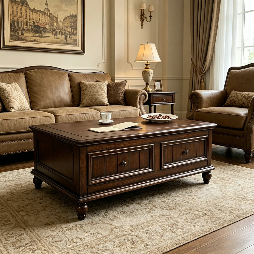 LUXORA 120/130/140cm Solid Wood Coffee Table with Drawers American Style Living Room Center Table - Walnut