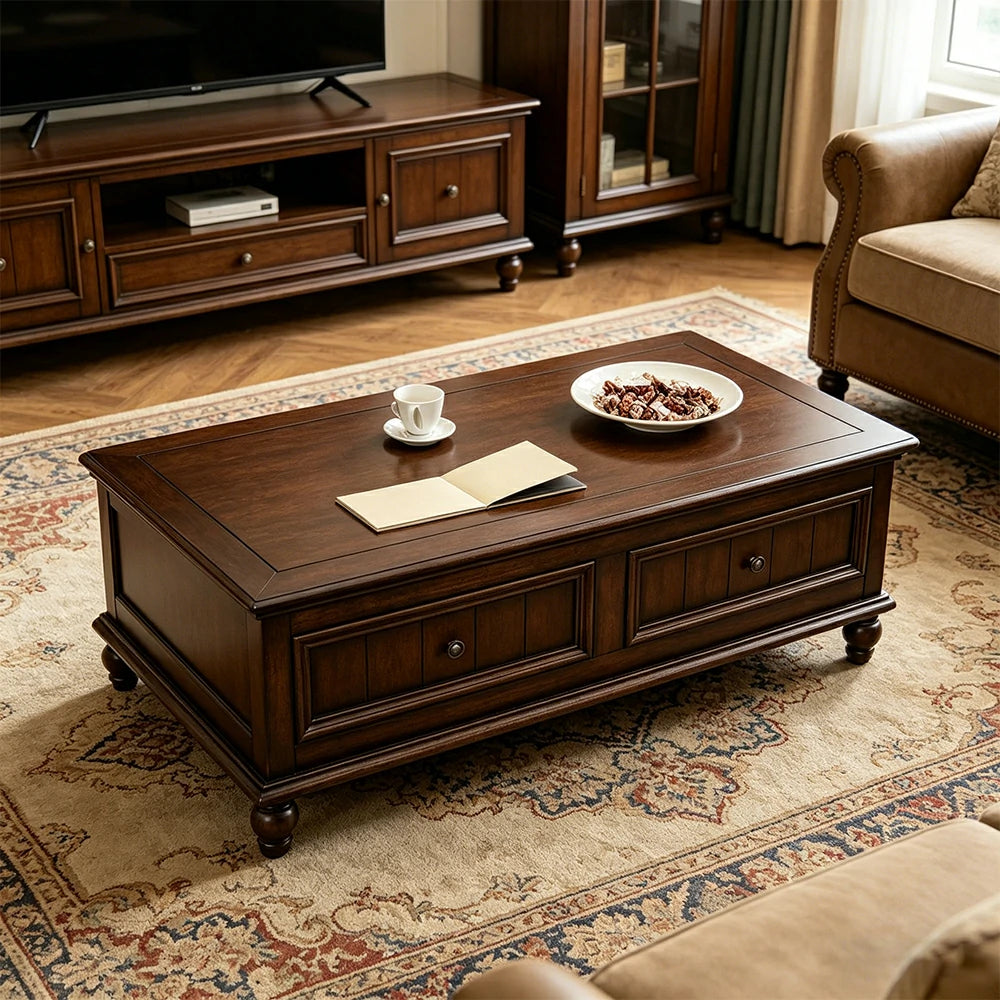 LUXORA 120/130/140cm Solid Wood Coffee Table with Drawers American Style Living Room Center Table - Walnut