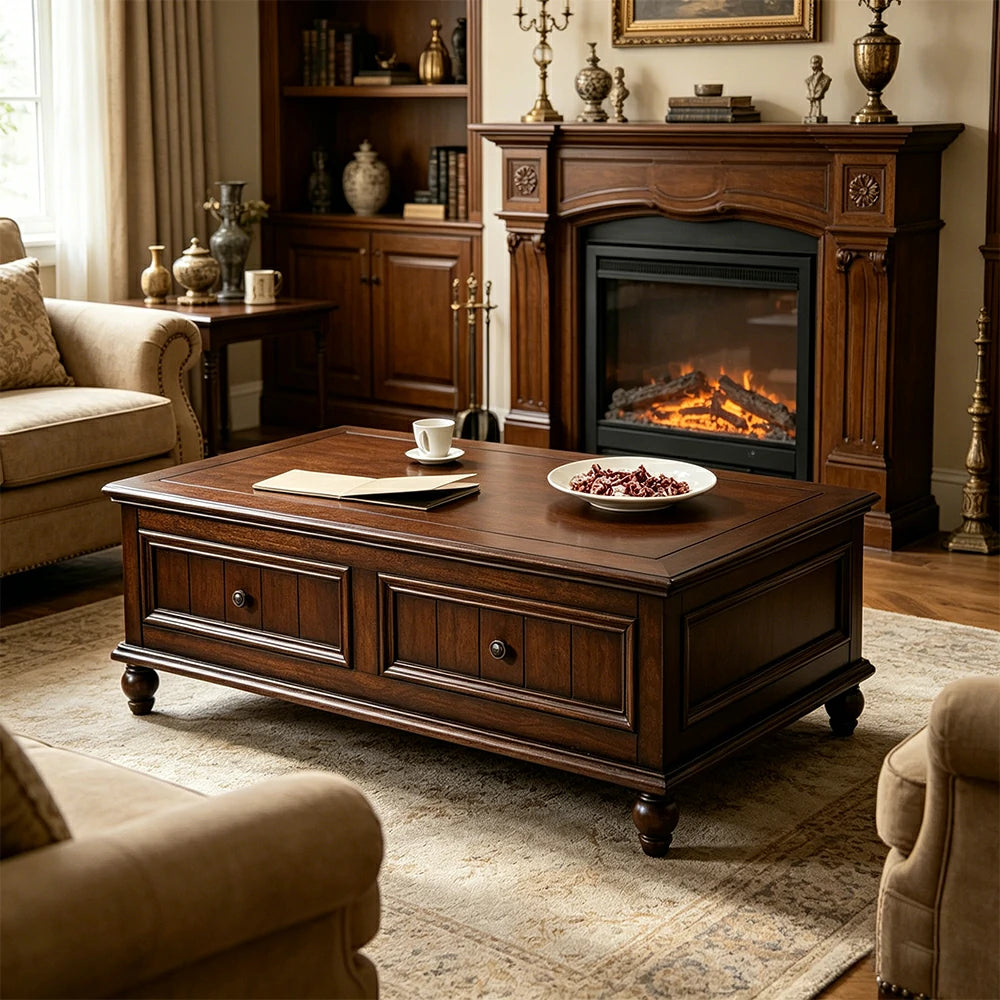 LUXORA 120/130/140cm Solid Wood Coffee Table with Drawers American Style Living Room Center Table - Walnut