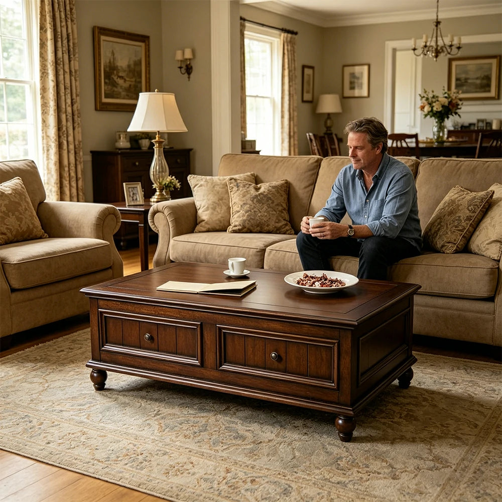 LUXORA 120/130/140cm Solid Wood Coffee Table with Drawers American Style Living Room Center Table - Walnut