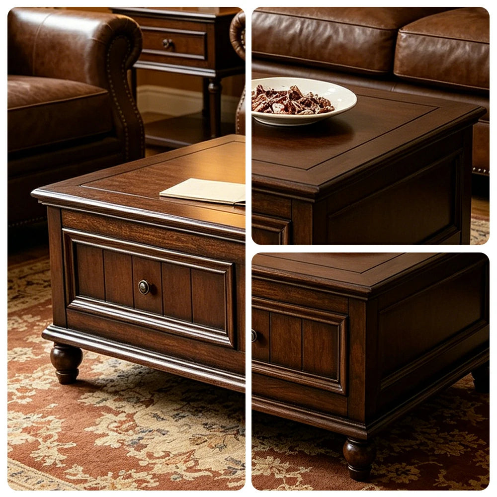 LUXORA 120/130/140cm Solid Wood Coffee Table with Drawers American Style Living Room Center Table - Walnut