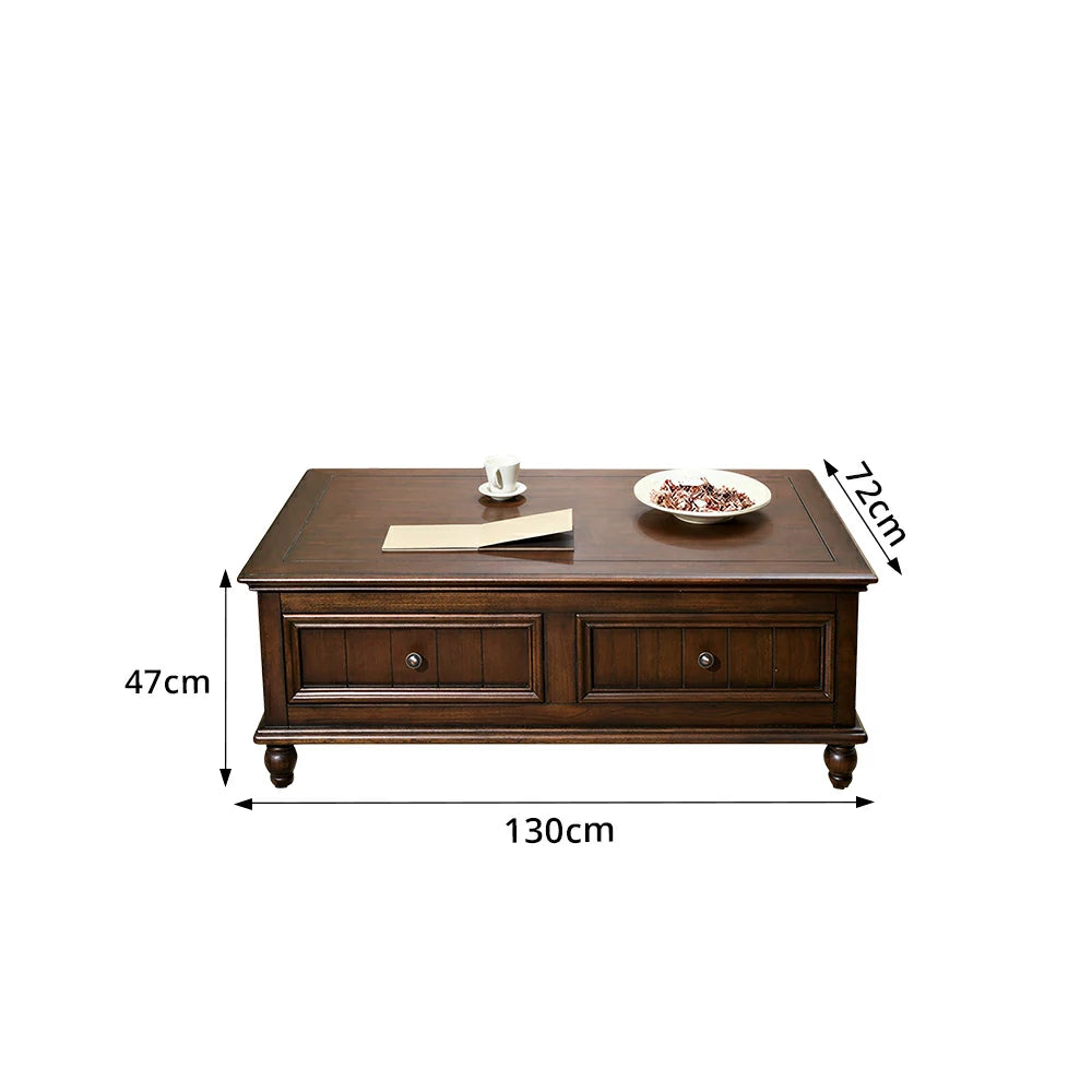 LUXORA 120/130/140cm Solid Wood Coffee Table with Drawers American Style Living Room Center Table - Walnut