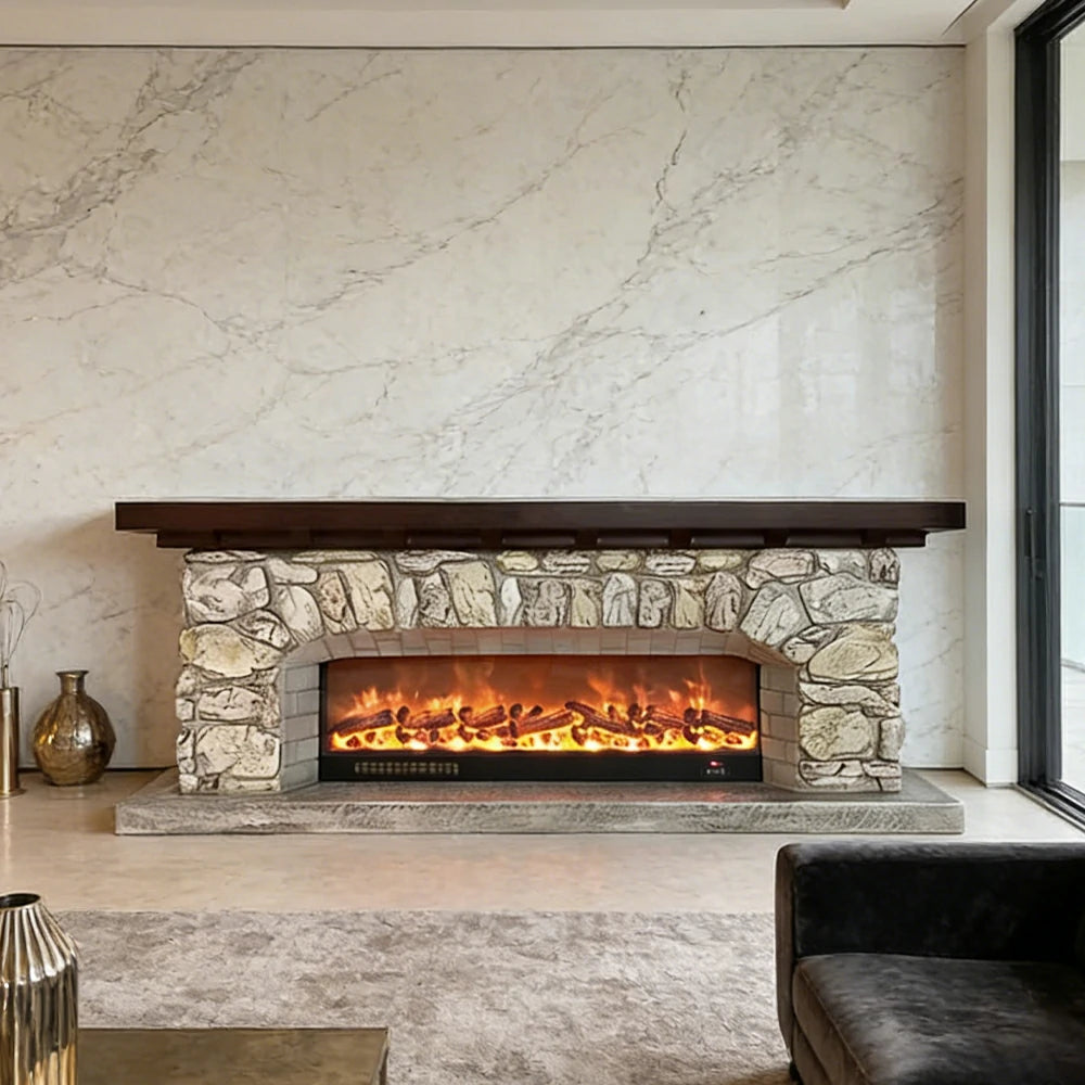 LUXORA 200cm Electric Fireplace TV Stand Stone Look Mantel 750W-1500W Heater Solid Wood Frame HDF Panels Living Room Centrepiece