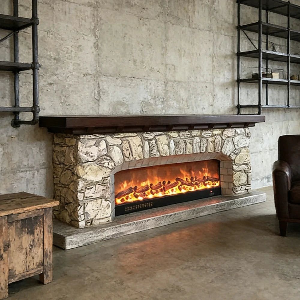 LUXORA 200cm Electric Fireplace TV Stand Stone Look Mantel 750W-1500W Heater Solid Wood Frame HDF Panels Living Room Centrepiece