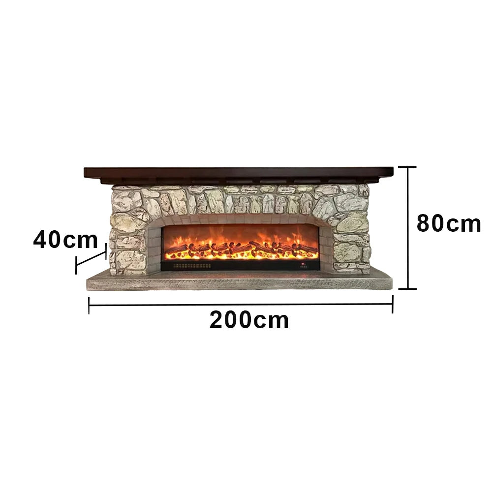 LUXORA 200cm Electric Fireplace TV Stand Stone Look Mantel 750W-1500W Heater Solid Wood Frame HDF Panels Living Room Centrepiece