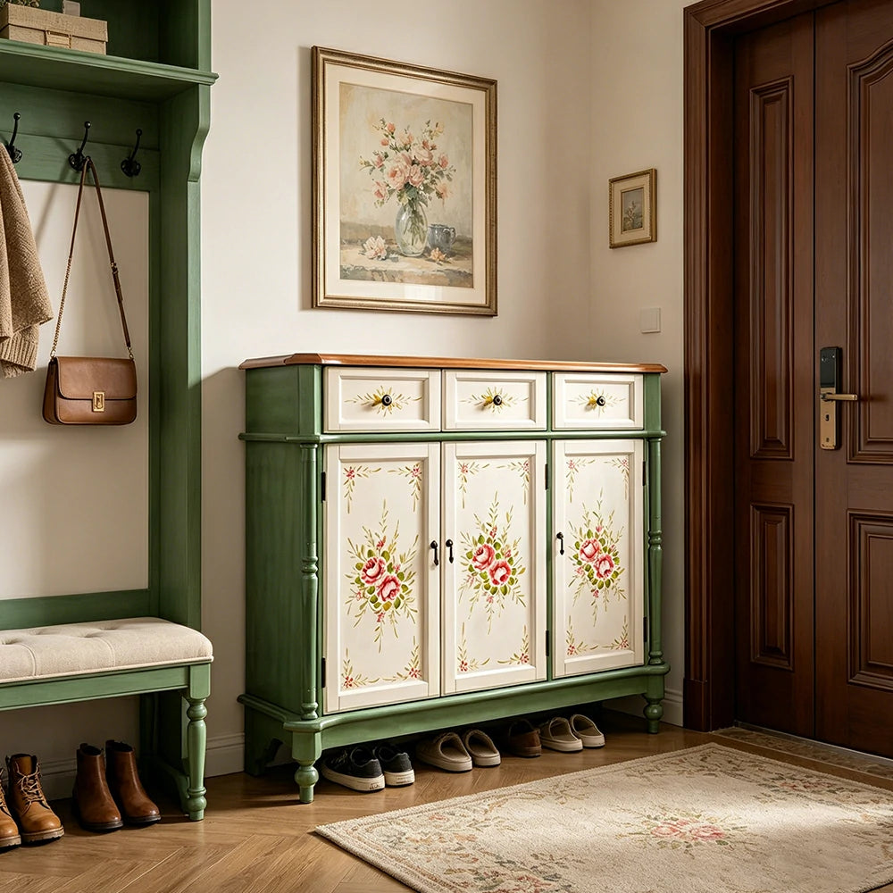 LUXORA Solid Wood 3 Door Shoe Cabinet with Hand Painted Storage American Entryway Cabinet 120cm - Green & White
