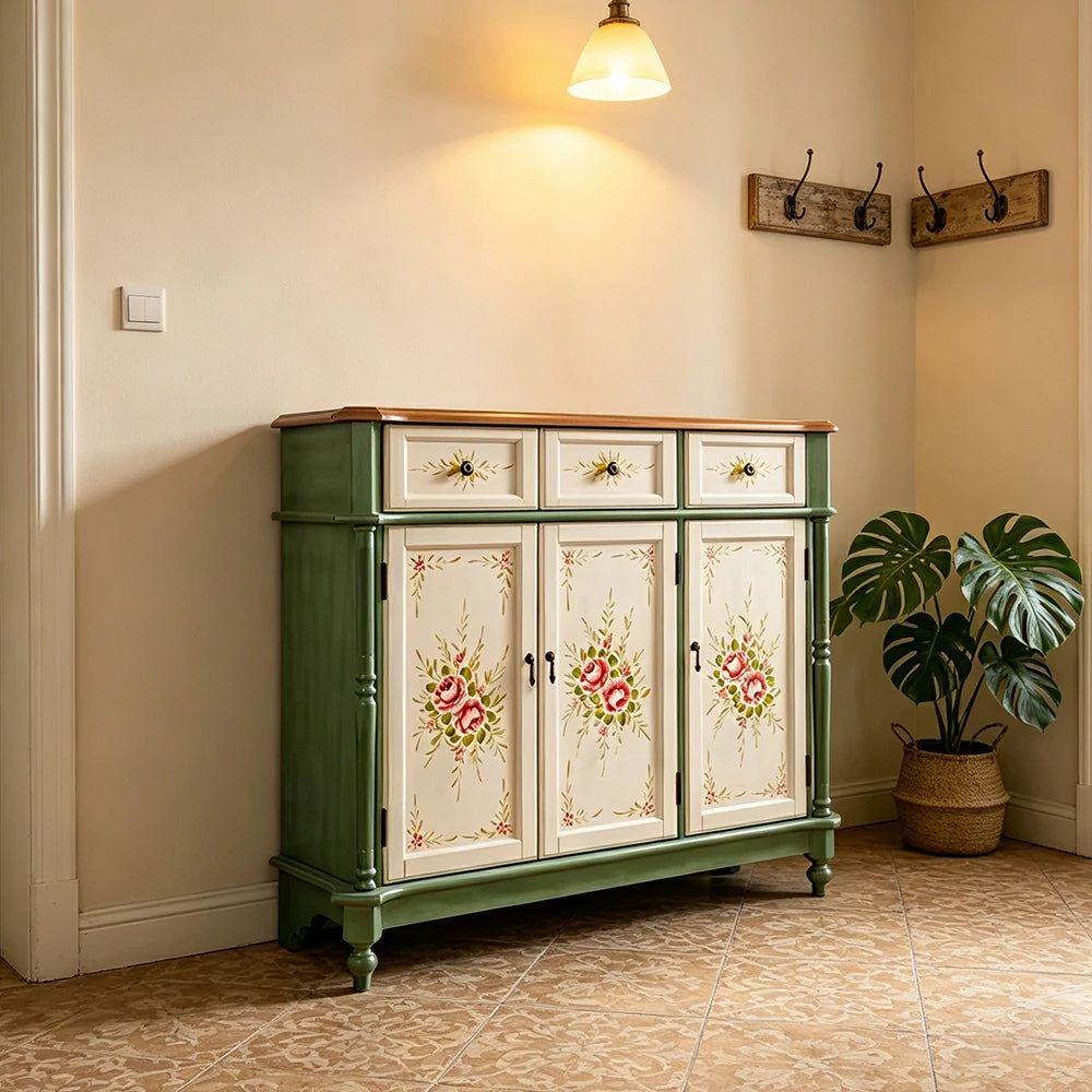 LUXORA Solid Wood 3 Door Shoe Cabinet with Hand Painted Storage American Entryway Cabinet 120cm - Green & White