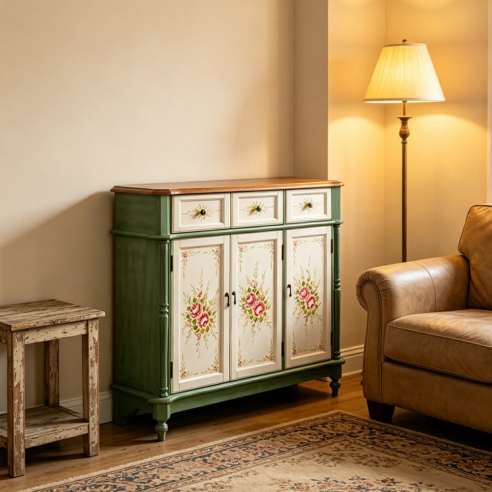 LUXORA Solid Wood 3 Door Shoe Cabinet with Hand Painted Storage American Entryway Cabinet 120cm - Green & White