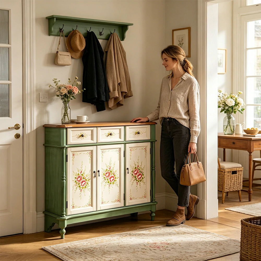 LUXORA Solid Wood 3 Door Shoe Cabinet with Hand Painted Storage American Entryway Cabinet 120cm - Green & White