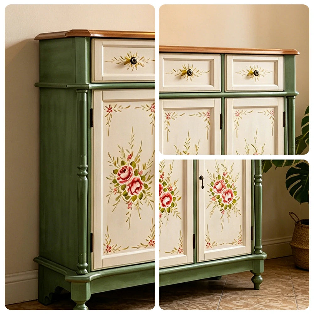 LUXORA Solid Wood 3 Door Shoe Cabinet with Hand Painted Storage American Entryway Cabinet 120cm - Green & White