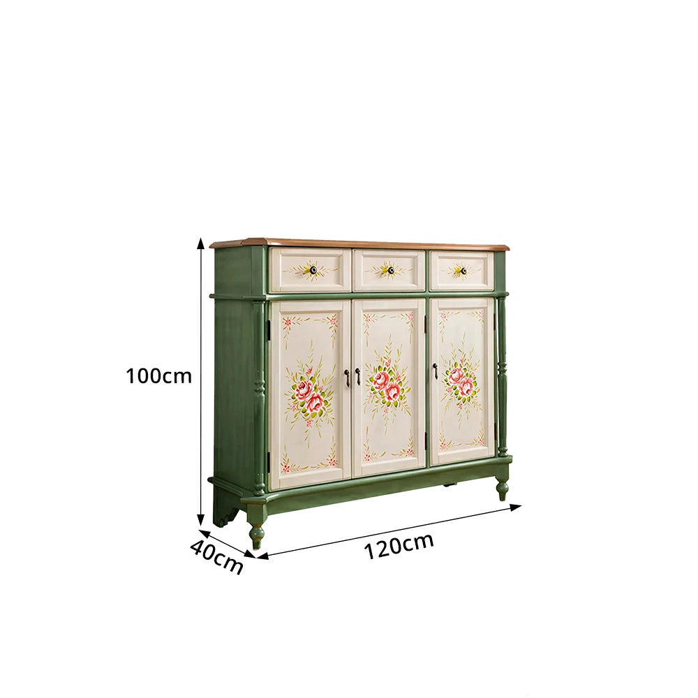 LUXORA Solid Wood 3 Door Shoe Cabinet with Hand Painted Storage American Entryway Cabinet 120cm - Green & White