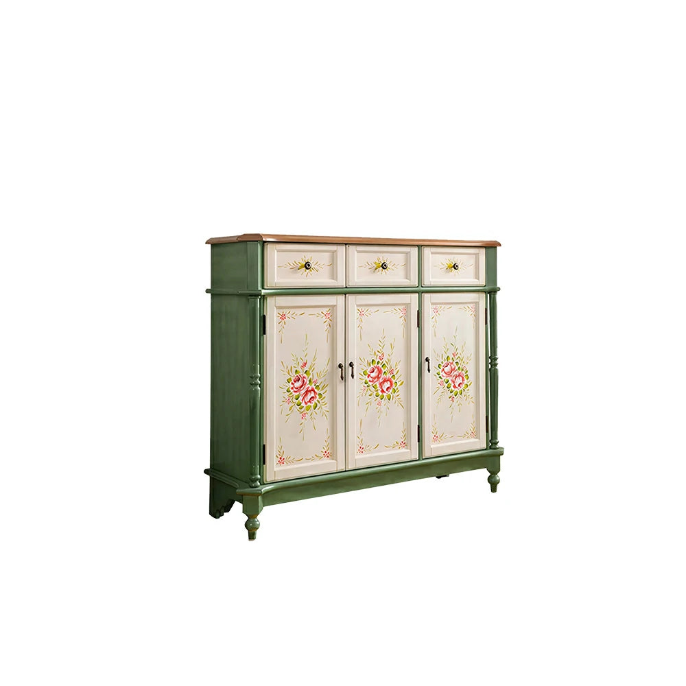 LUXORA Solid Wood 3 Door Shoe Cabinet with Hand Painted Storage American Entryway Cabinet 120cm - Green & White