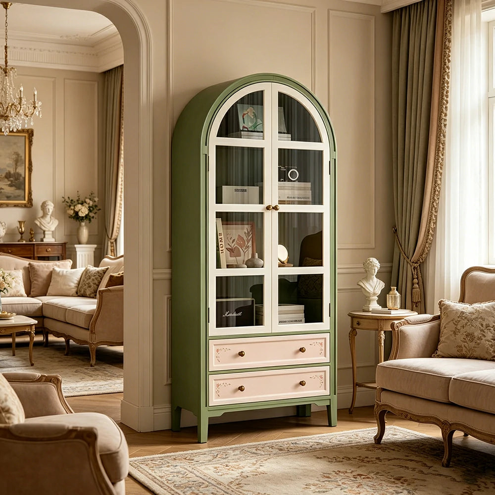 LUXORA Solid Wood Arched Bookcase with Glass Display Doors American Style Storage Cabinet 175cm - Moss Green & Cream