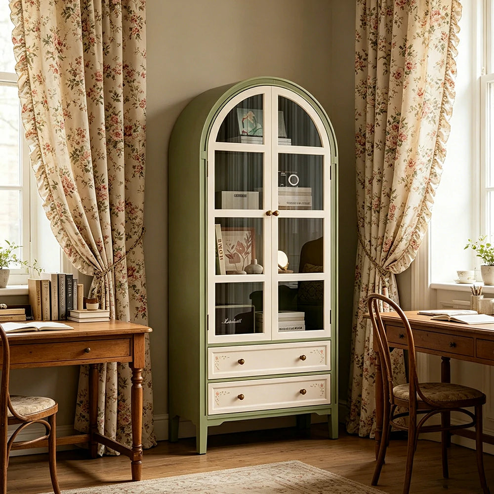 LUXORA Solid Wood Arched Bookcase with Glass Display Doors American Style Storage Cabinet 175cm - Moss Green & Cream