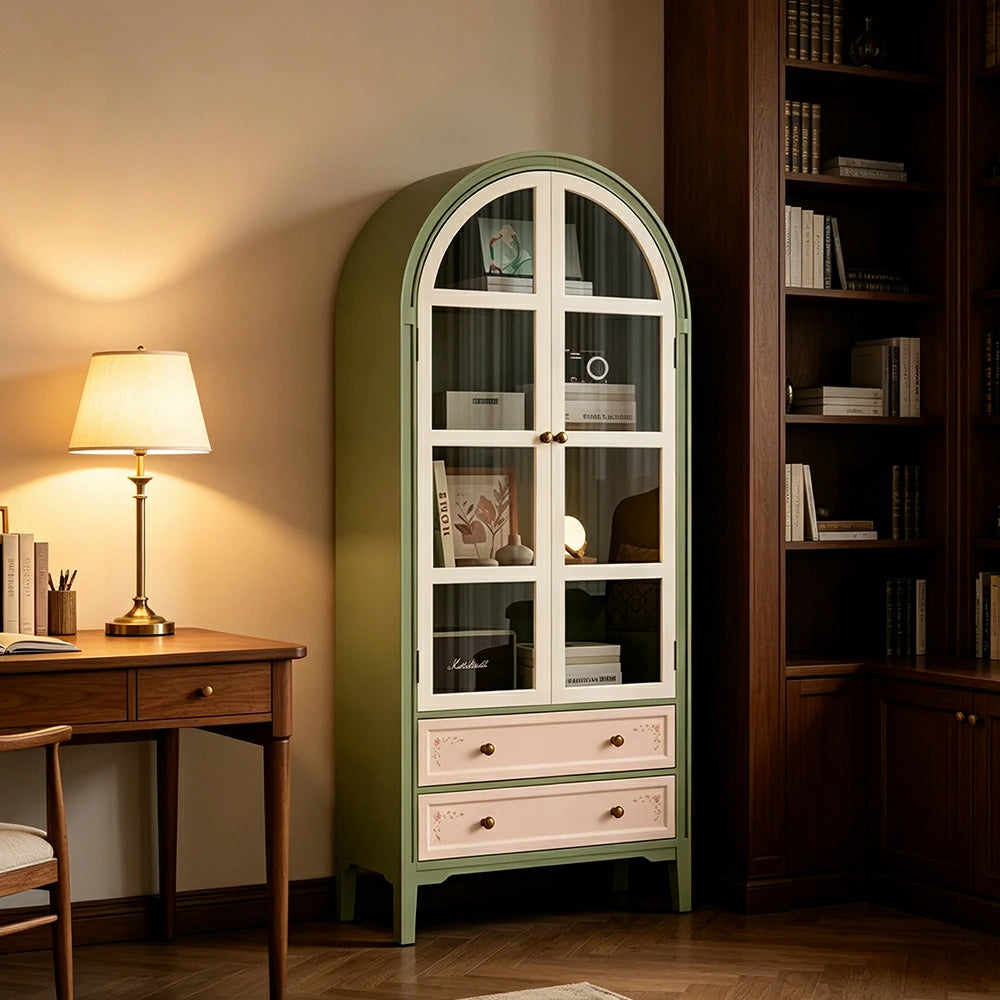 LUXORA Solid Wood Arched Bookcase with Glass Display Doors American Style Storage Cabinet 175cm - Moss Green & Cream