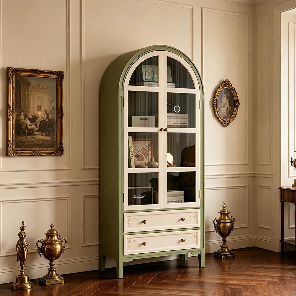 LUXORA Solid Wood Arched Bookcase with Glass Display Doors American Style Storage Cabinet 175cm - Moss Green & Cream