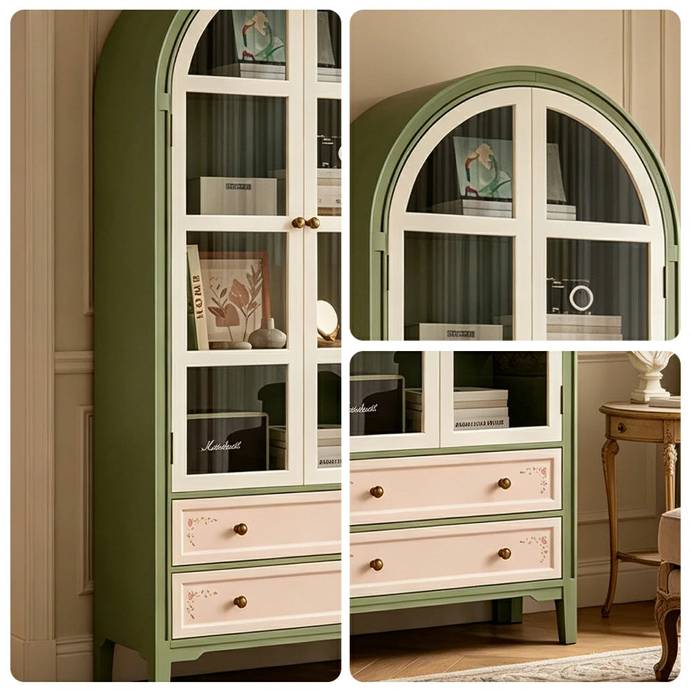 LUXORA Solid Wood Arched Bookcase with Glass Display Doors American Style Storage Cabinet 175cm - Moss Green & Cream