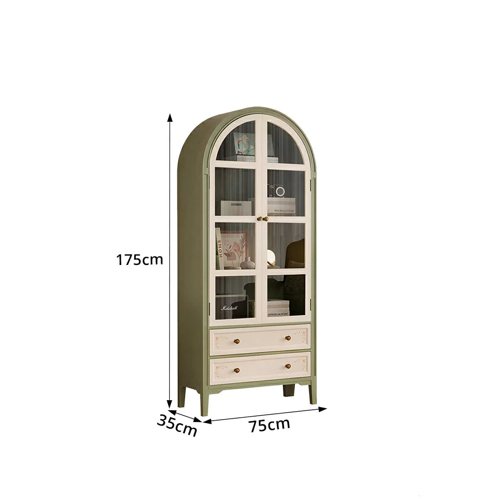 LUXORA Solid Wood Arched Bookcase with Glass Display Doors American Style Storage Cabinet 175cm - Moss Green & Cream