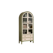 LUXORA Solid Wood Arched Bookcase with Glass Display Doors American Style Storage Cabinet 175cm - Moss Green & Cream